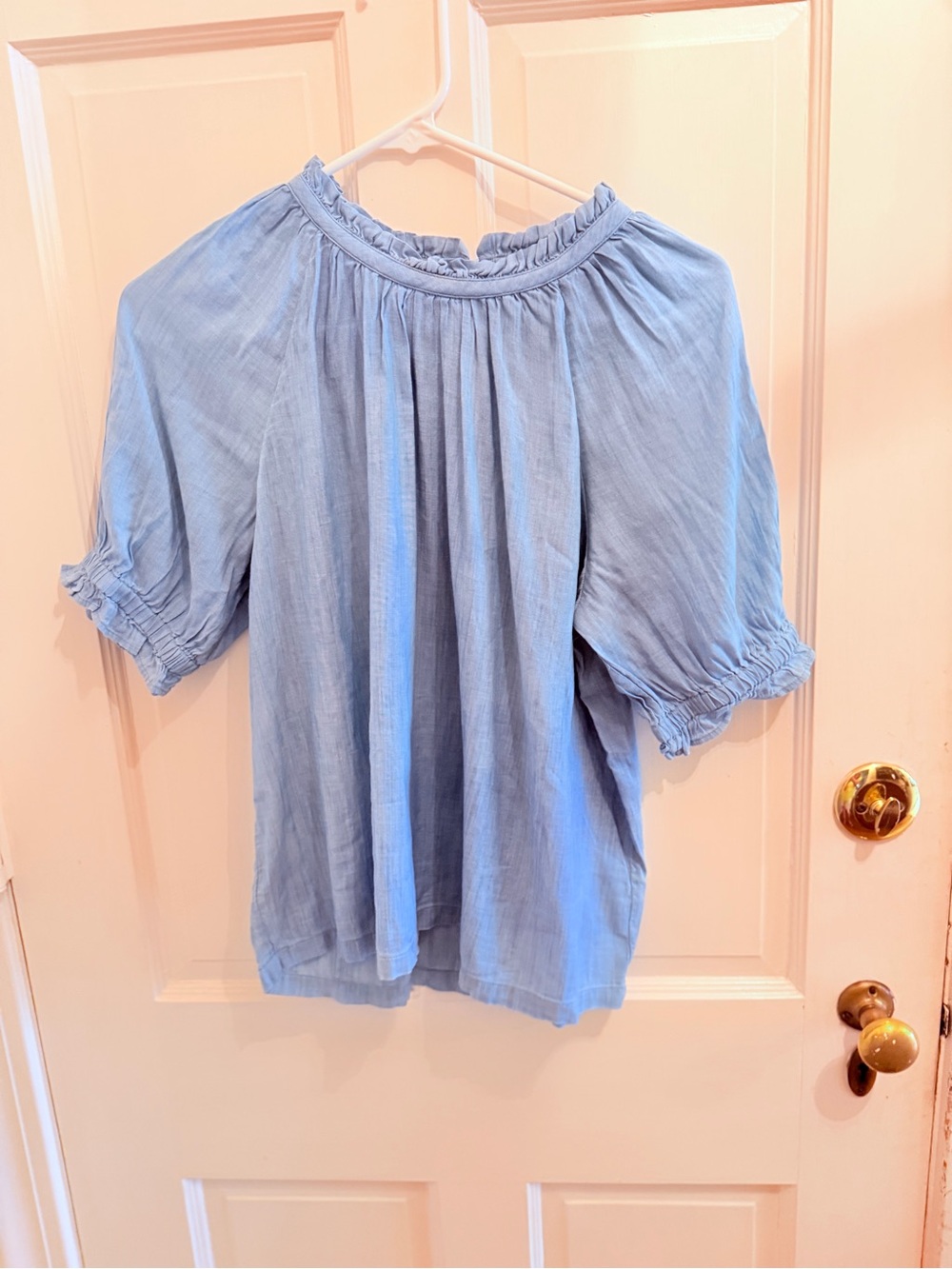 LOFT Light Blue Ruffle-Neck Peasant Blouse